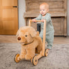 a baby showing development of gross motor skills standing and pushing a toy dog on a wooden framed walker