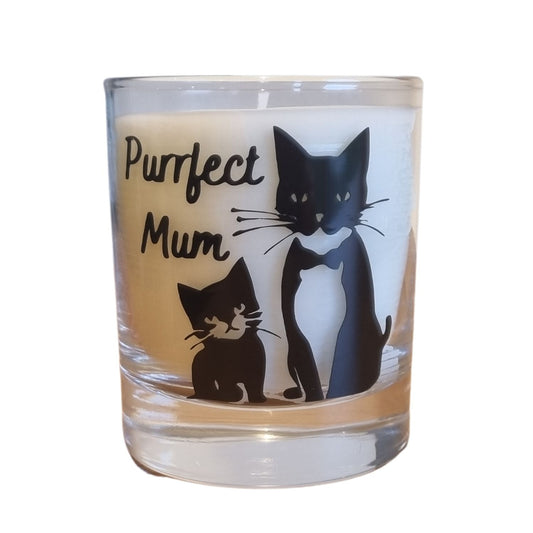 Scented Candle In Glass Container With Purrfect Mum in black writing and a cute black cat and kitten