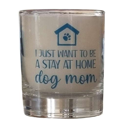A scented Candle In Glass Container With I would rather be a stay at home dog mum design in blue