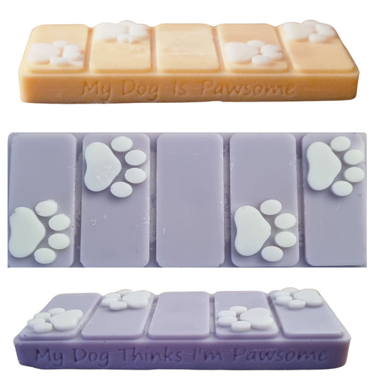 A group of 3 scented wax melt bars showing both sides and the top of the melt bar
