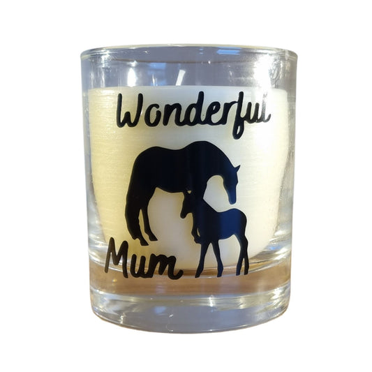 Scented Candle In Glass Container with Wonderful Mum in black writing and black horse and foal