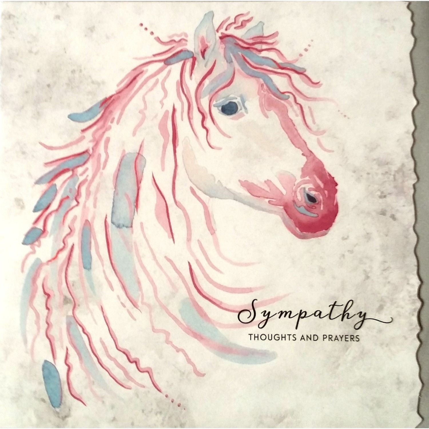 A watercolor illustration of a horse with pink and blue accents on white paper. Text reads, “Sympathy Thoughts and Prayers” in elegant script.