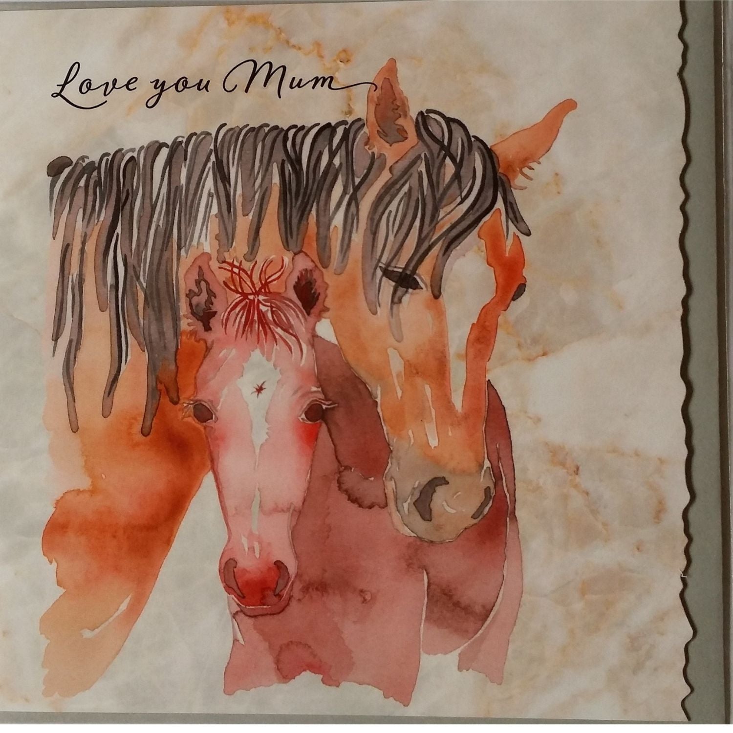 Watercolor illustration of a mare and foal close together, with the text Love you Mum written above them on a textured, creamy background with a scalloped edge on the right.
