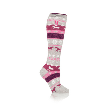 A knee-high sock in shades of pink, purple, and gray featuring patterns of horses, stripes, and geometric shapes, displayed against a white background.