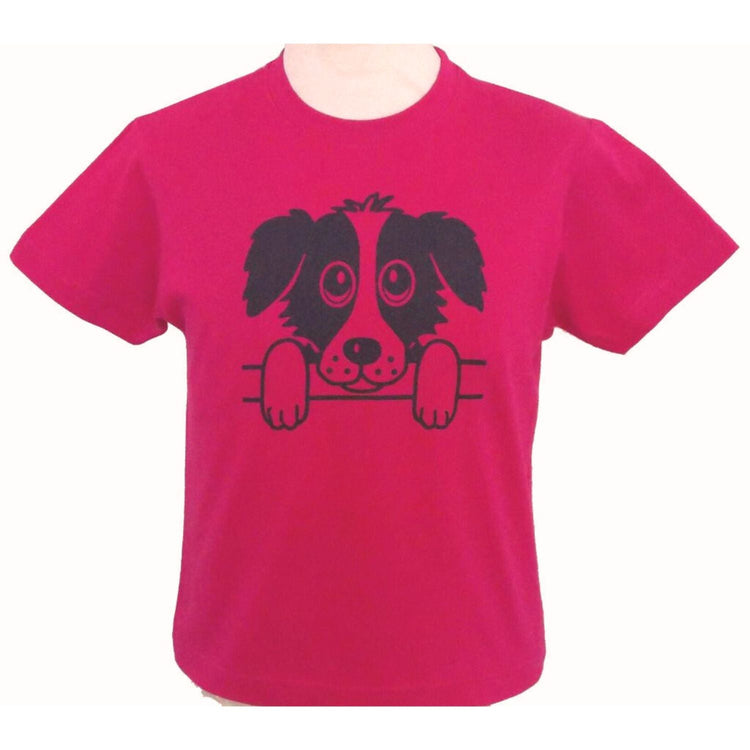 A red T-shirt featuring a black line drawing of a cute dog with floppy ears and big eyes, appearing to peek over a horizontal line.