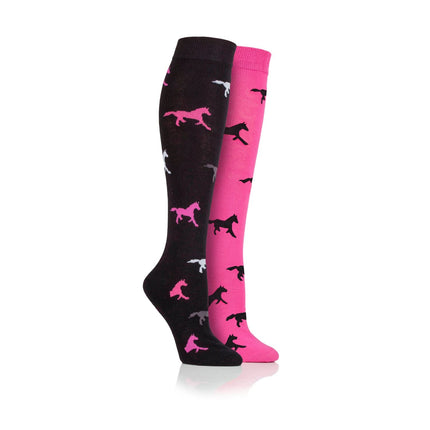 Two knee-high socks: one black with pink and white dog silhouettes, and one pink with black and white dog silhouettes. Both displayed upright on a white background.