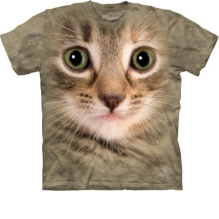 A beige t-shirt featuring a large, realistic print of a tabby cats face with green eyes, centered on the front.