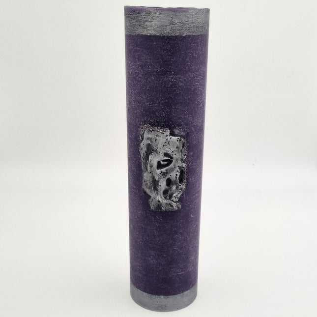 The Quaver&Lyric Wax Vase Tall Cylinder Purple features aged silver effect accents and a silver and black abstract design, making it a stylish addition to your home decor. Shown against a plain white background.