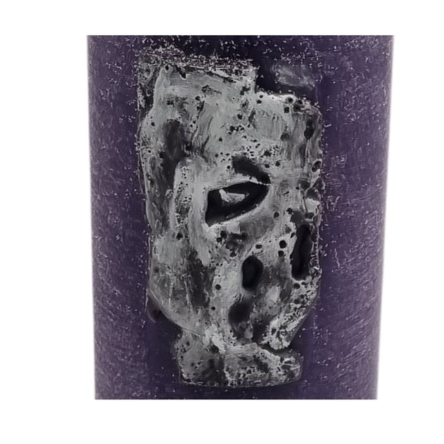 Close-up of Quaver&Lyrics Wax Vase Tall Cylinder Purple, featuring a black-gray sculpted mask with hollow eyes and mouth, rough texture, and an aged silver effect—perfect as striking, unique home decor.