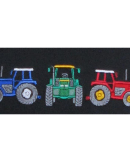 The British Country Collection Farm T Shirt features three cartoon tractor designsâ€”blue, green, and redâ€”embroidered side by side on this 100% cotton black childrens tee.
