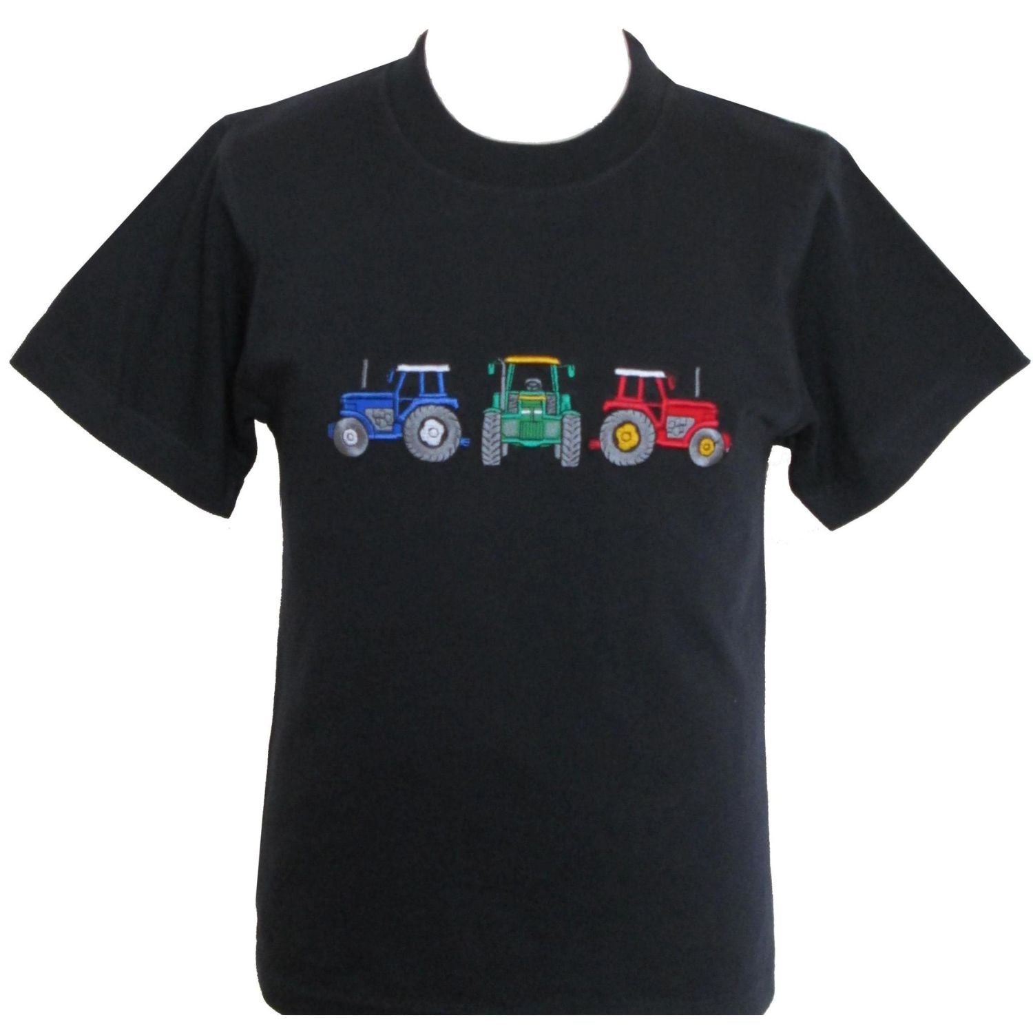 a very dark navy blue short sleeve round neck T shirt with three embroidered tractors, a blue one on the left facing left, a green tractor in the middle facing forward and on the right a red tractor facing to the right 