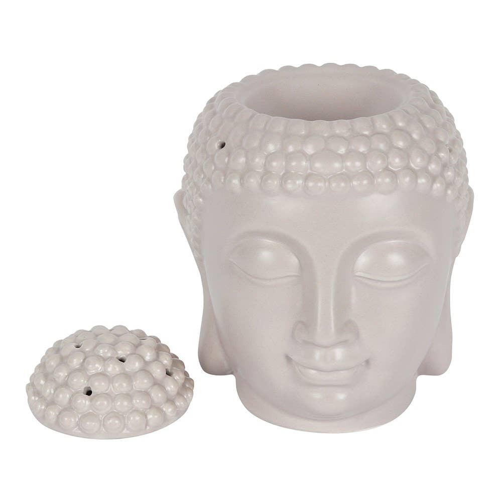 light grey large buddha head wax warmer with the lid removed shownig the bowl for the wax melt or oil