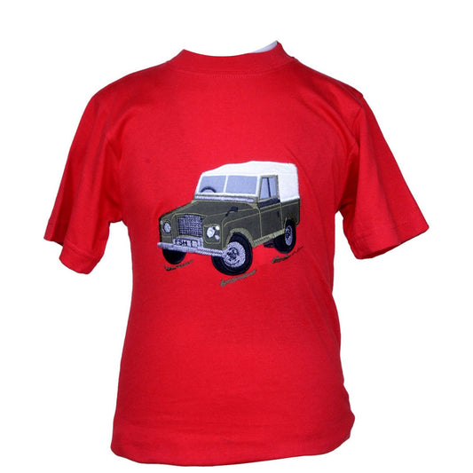 a red short sleeved round neck t shirt with an embroidered green 4 x 4 farm vehicle with a cream canopy