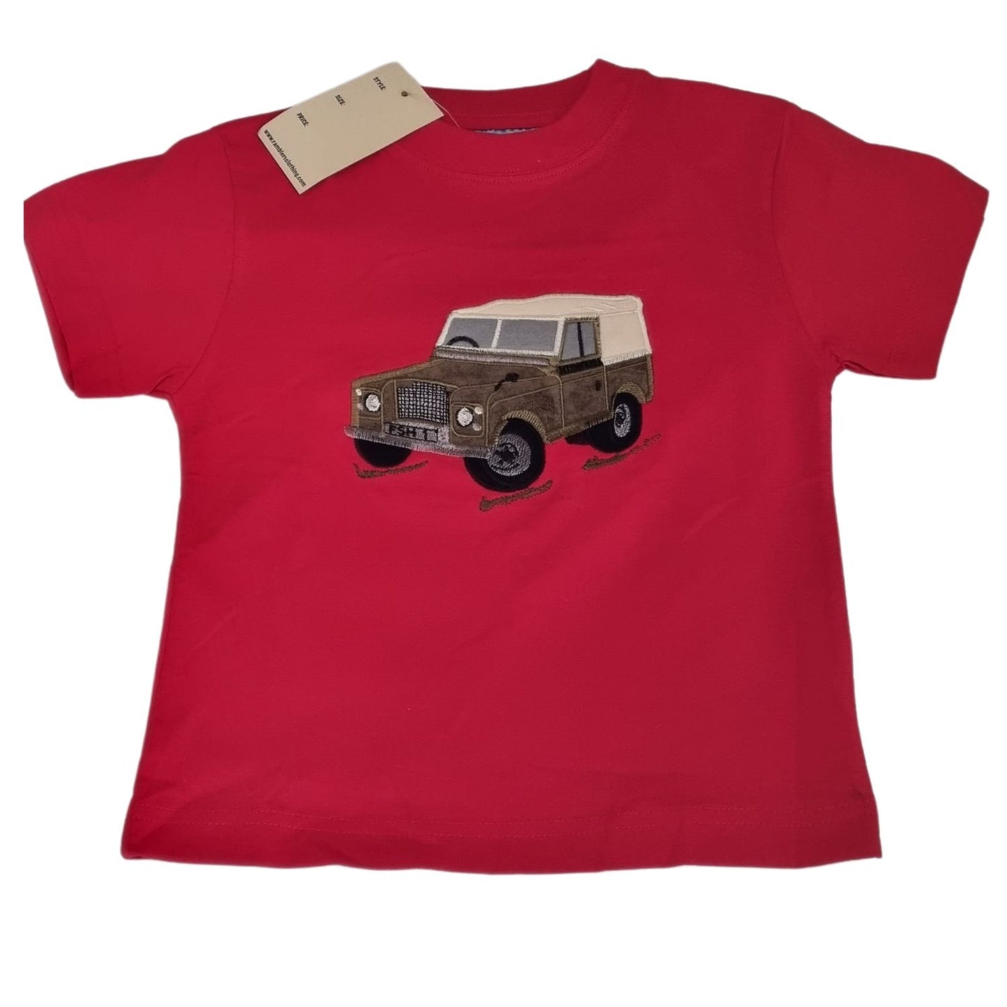 Children's T Shirt Red Embroidered Applique Farm Vehicle