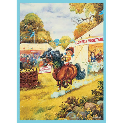 The Otter House Horse Greeting Card Thelwell Highly Commended shows a classic cartoon horse speeding past a flower and vegetable tent at a fair, rider surprised, as spectators watch with trees and tents in the background.