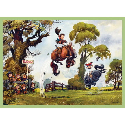 Otter House’s Horse Greeting Card Thelwell Rodeo features a lively cartoon with two riders bouncing as their horses rear up, cheered on by kids near a Rodeo sign, all set against green trees and a wooden fence in true Thelwell style.