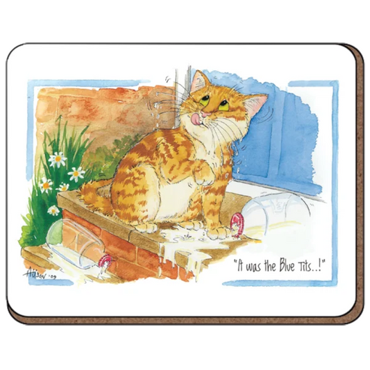 Coaster featuring an orange cat that has been caught stealing milk and knocking over the bottles.
