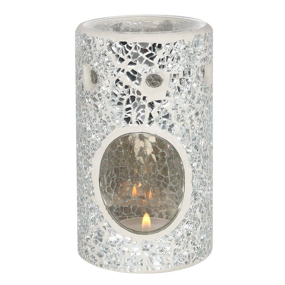 pillar-shaped oil burner, featuring a silver mirrored crackle effect with a lit tea light inside