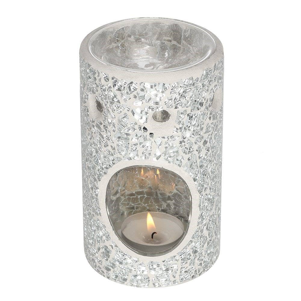 pillar-shaped oil burner, featuring a silver mirrored crackle effect with a lit tea light