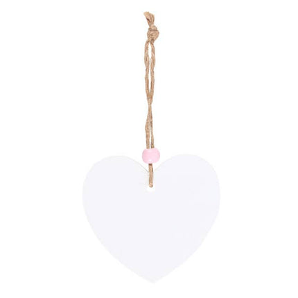 the blank reverse of a heart shaped sign suspended by a piece of twine and finished with a wooden bead