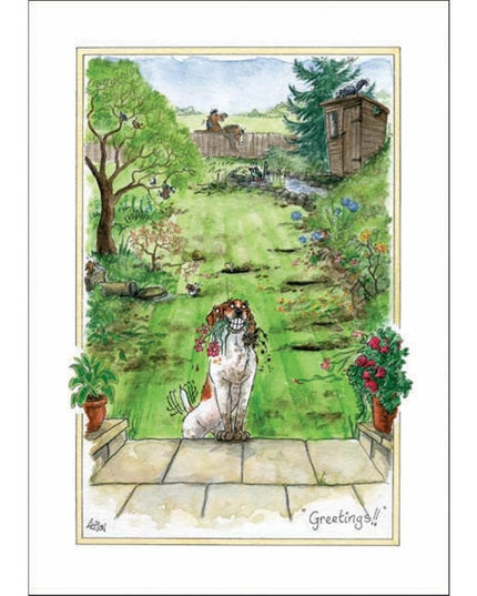 a greeting card showing a dog with flowers in his mouth on a patio. Behind him the garden has been dug up and two horses are looking over the garden fence. The caption on tha card says Greetings!