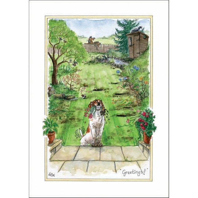 a greeting card showing a dog with flowers in his mouth on a patio. Behind him the garden has been dug up and two horses are looking over the garden fence. The caption on tha card says Greetings!