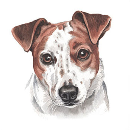 The Jack Russell Greeting Card WaggyDogz Blank Inside by WaggyDogz features a watercolor painting of a brown and white Jack Russell Terrier with alert ears and dark eyes, set on a plain white background—ideal for any art greeting card occasion.