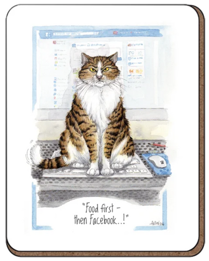 Coaster featuring a grumpy cat sitting on a keyboard demanding food.
