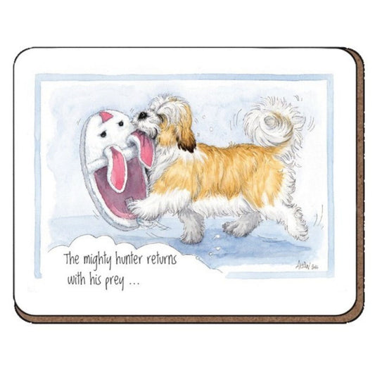 A small, fluffy dog carries a big bunny-slipper in its mouth on the Alisons Animals Dog Coaster, captioned “The mighty hunter returns with his prey...” from the original Alisons Animals cartoon series.