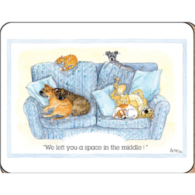 A cartoon blue couch packed with four dogs and a cat relaxing, with the text: We left you a space in the middle! Funny Cat Dog Coaster Left You A Space in the Middle by Alisons Animals—unique home decor or gift.