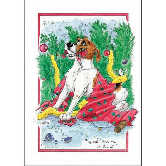 Dog Christmas card with a humorous cartoon featuring a naughty Jack Russell type dog who has pulled down the Christmas tree and is covered in wrapping paper, smiling at his owner and blaming the cat for making him do it.