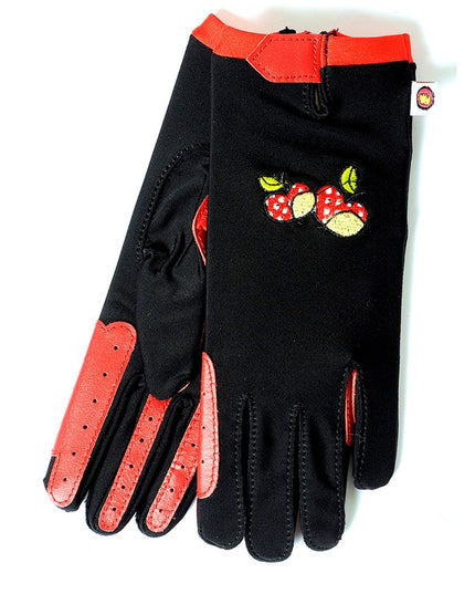 black horse riding gloves with red cuff and inside of fingers and red apples on back