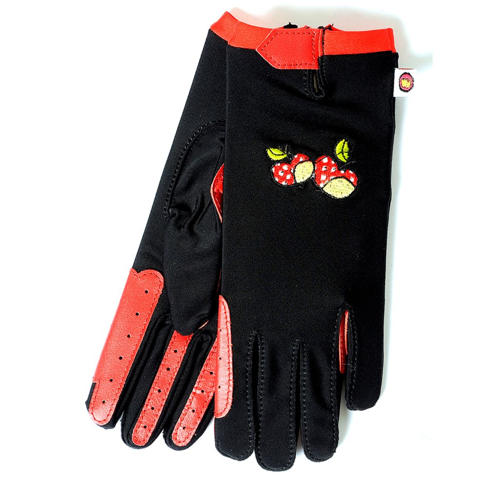 black horse riding gloves with red cuff and inside of fingers and red apples on back