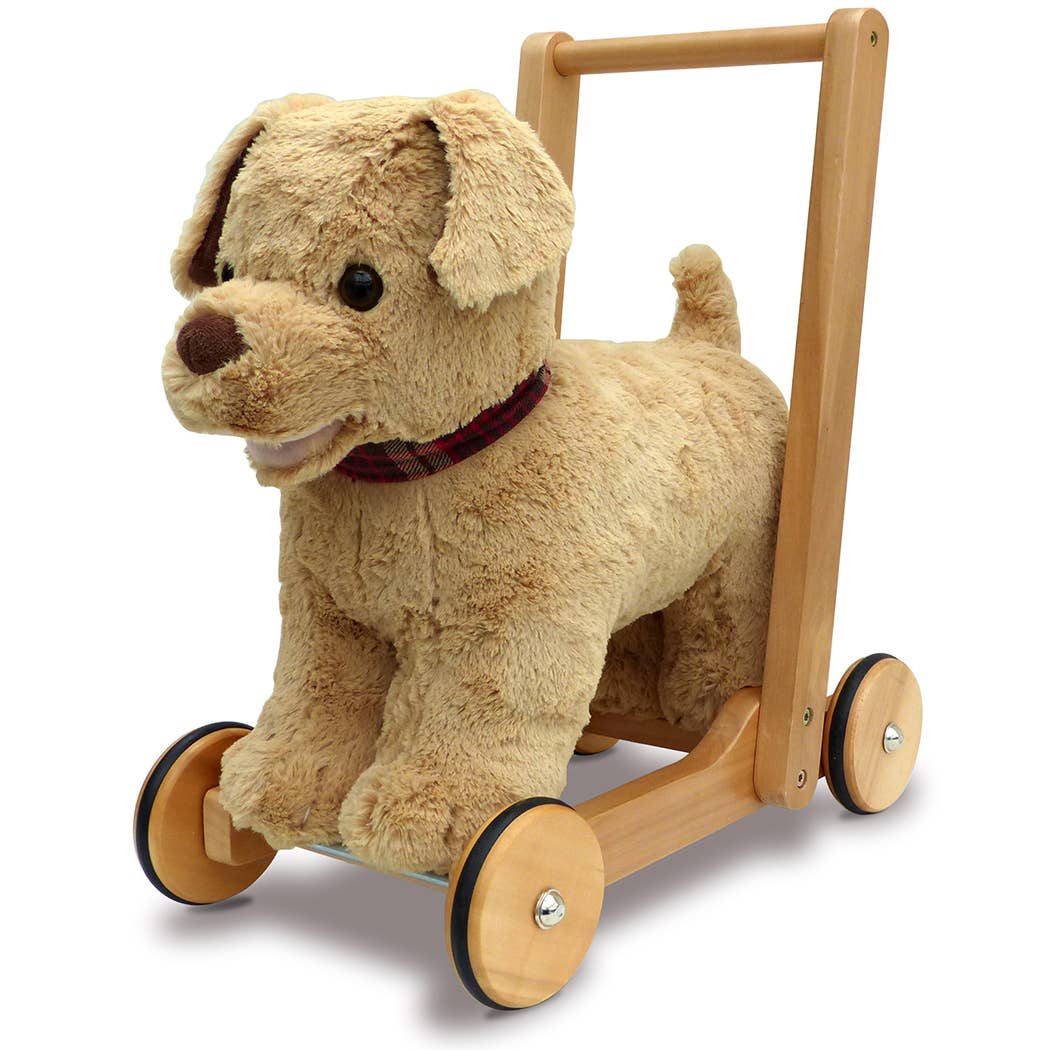Little bird Told me infant push along walker an adorable golden labrador soft toy puppy on a wooden push along frame