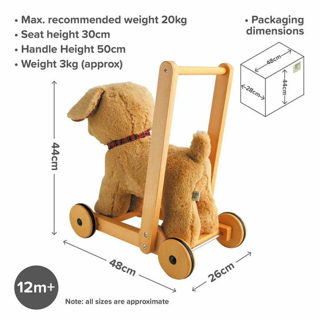 an image of an adorable golden labrador soft toy puppy on a wooden push along frame showing its dimensions of height 44cm, length 48cm and depth 26cm