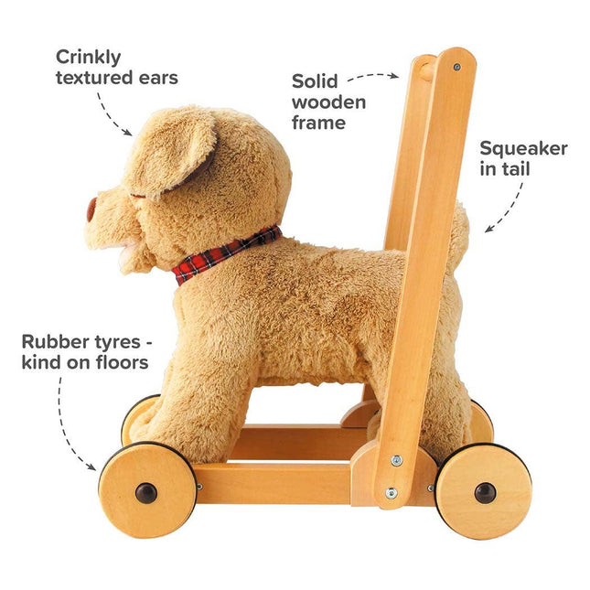 Dexter push along walker by Little Bird Told Me of an adorable golden labrador soft toy puppy on a wooden push along frame highlighting its features.
