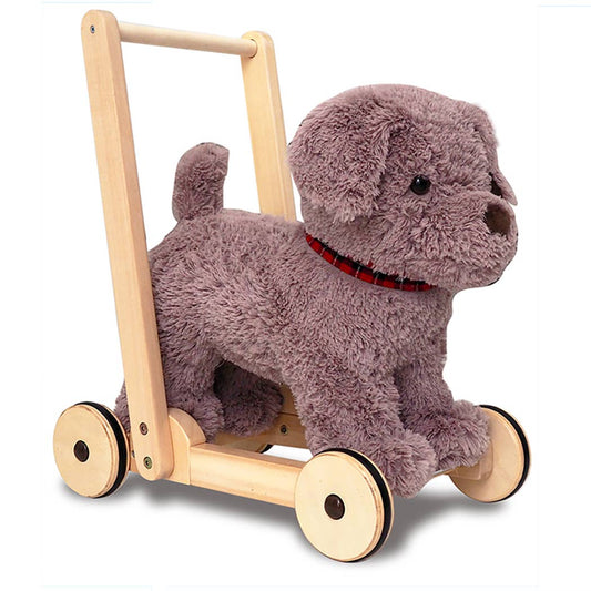 Bailey dog infant push along walker an adorable grey furred toy dog on a wooden push along frame by Little Bird Told Me