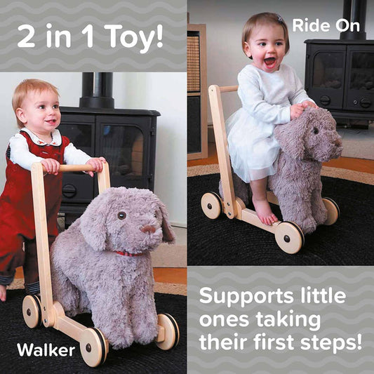 two images an adorable grey furred toy dog on a wooden push along frame one showing a baby pushing the toy and the second has a baby riding on the dog