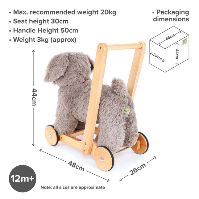 Little Bird Told Me adorable grey furred toy dog o a wooden push along frame with the dimensions of height 44cm, length 487cm and depth 26cm
