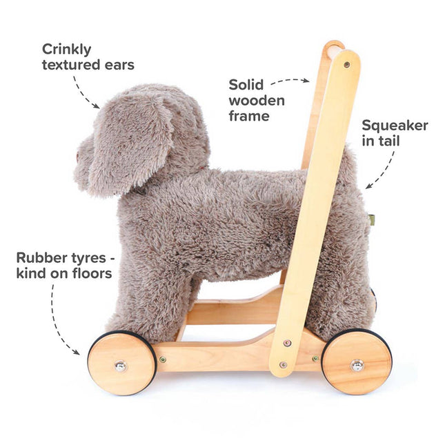 little bird told me adorable grey furred toy dog on a wooden push along frame highlighting its features