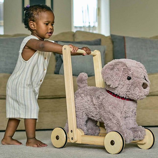 an adorable grey furred toy dog on a wooden push along frame being pushed by a toddler made by little bird told me