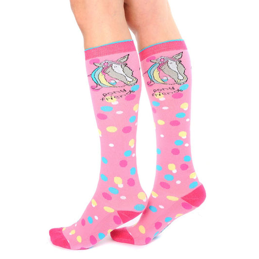 pink calf length socks with a pony head and the writing pony friend near the top. The rest of the sock is covered with blue pink yellow and white spots