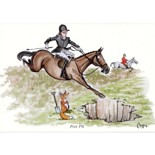 a hunting scene showing a rider on a bay horse about to land after jumping a hedge but a smug fox with a spade next to him has dug a hole in the ground and the horse is about to fall in the hole.