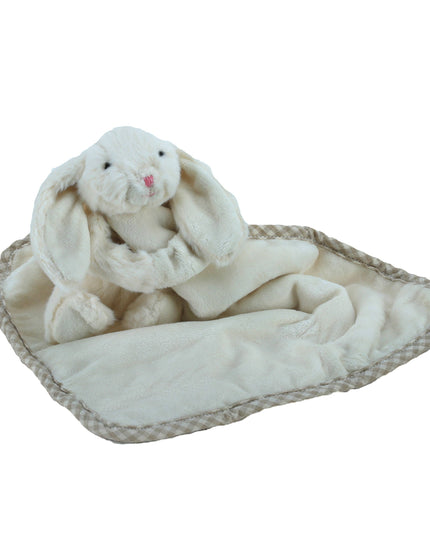 a cream fluffy bunny soft toy with floppy ears with a soft blanket comforter