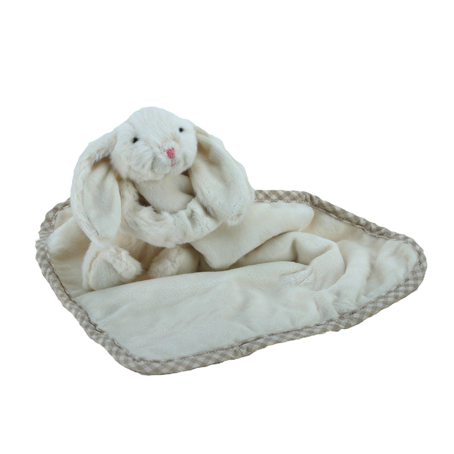 a cream fluffy bunny soft toy with floppy ears with a soft blanket comforter