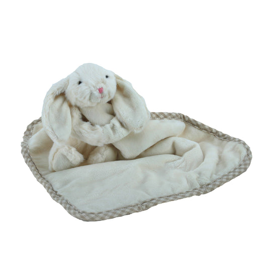 a cream fluffy bunny soft toy with floppy ears with a soft blanket comforter