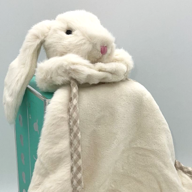 a cream fluffy bunny soft toy with floppy ears with a soft blanket comforter in a luxury gift box