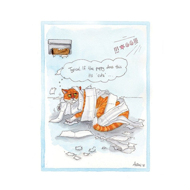 A grumpy orange cat tangled in toilet paper grumbles about double standards in this hilarious Alisons Animals Card Funny Cat - Andrex Cat, from Alisons Animals. Perfect for anyone who loves quirky pet humor!.
