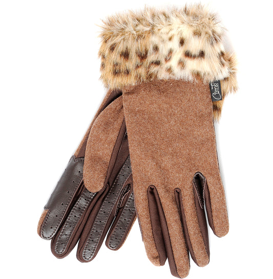 A pair of brown gloves with leather trim on the fingers and finished with faux fur leopard spot trim.  