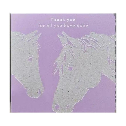 The Horse Greeting Card Thank You Blank by Deckled Edge Ltd features grey drawings of two horses facing each other with Thank you for all you have done above them, designed in a lavender theme.